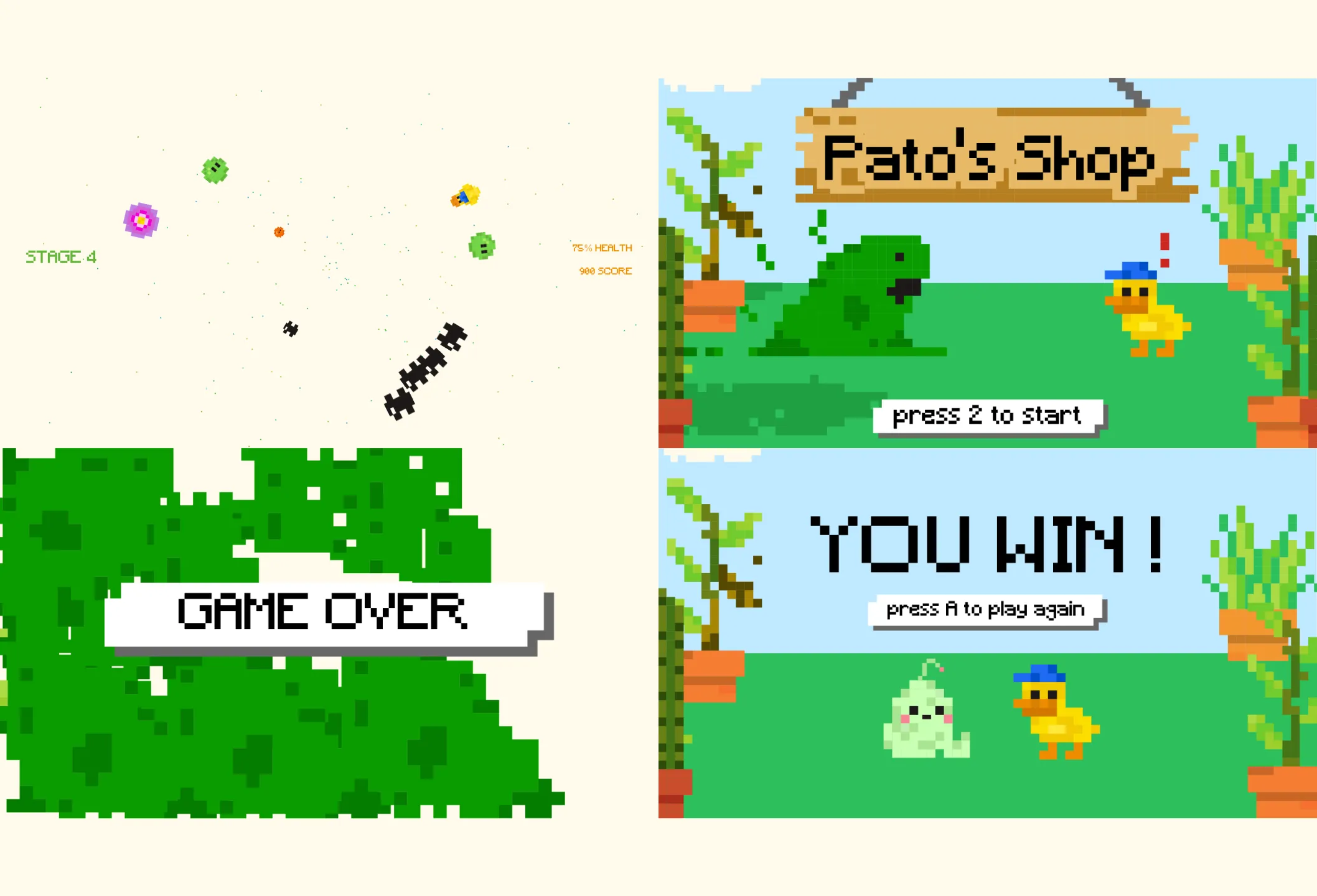 Pato’s Shop screens: a level with pixel enemies, “Game over”, the start screen and “You win!”