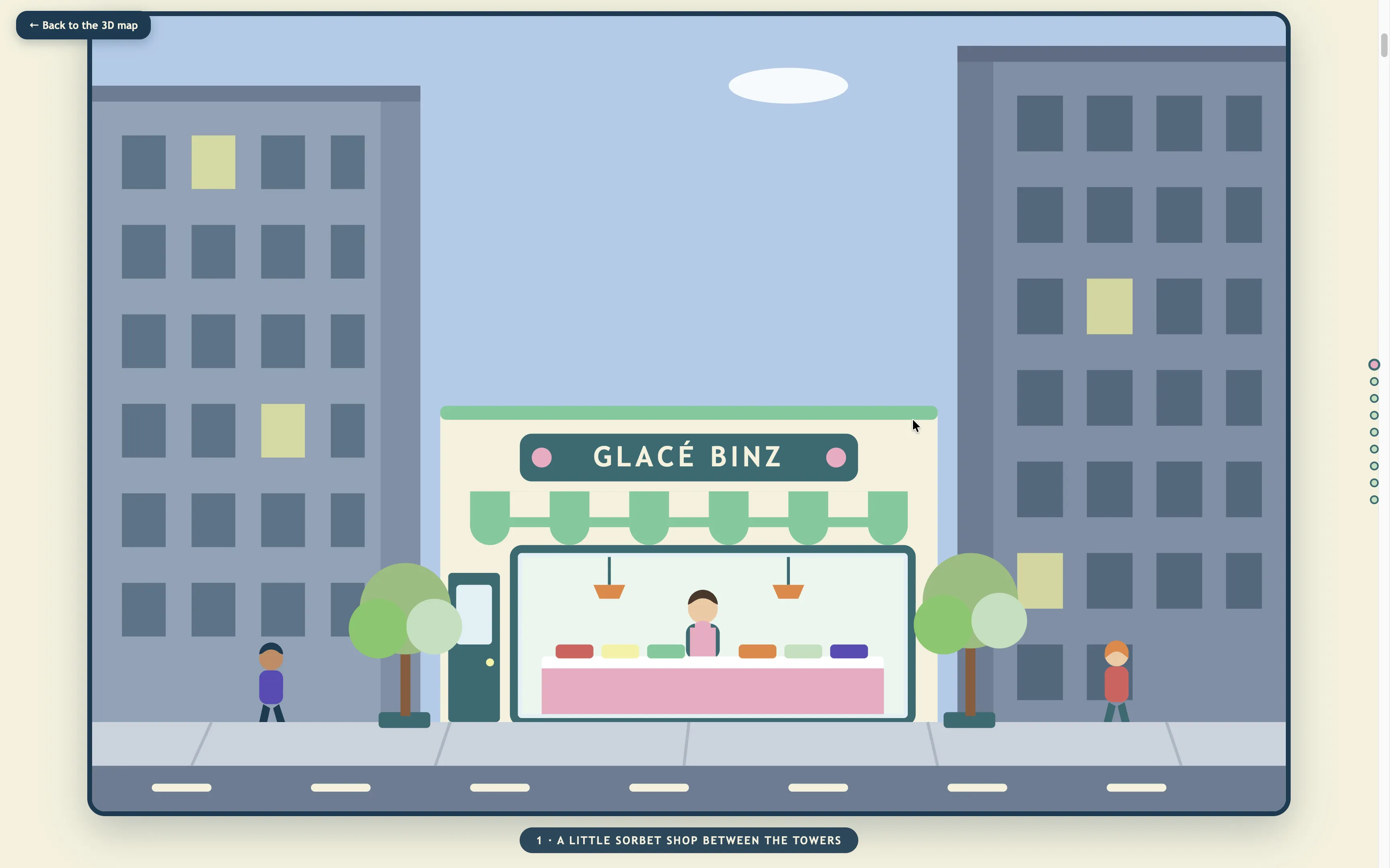Website screenshot of first page of the Scrollytelling comic showing how the proposals could impact citizens passing through Binz Station