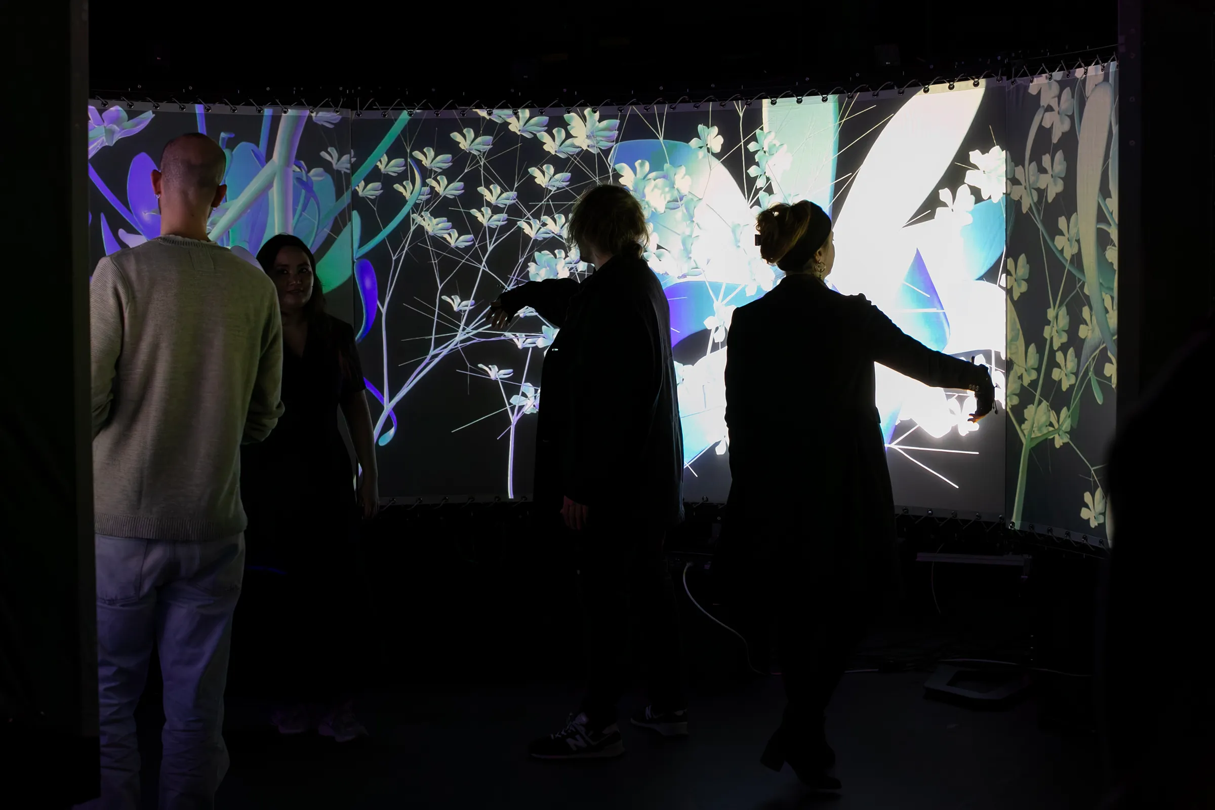 Visitors moving along the curved screens as flowers grow around them