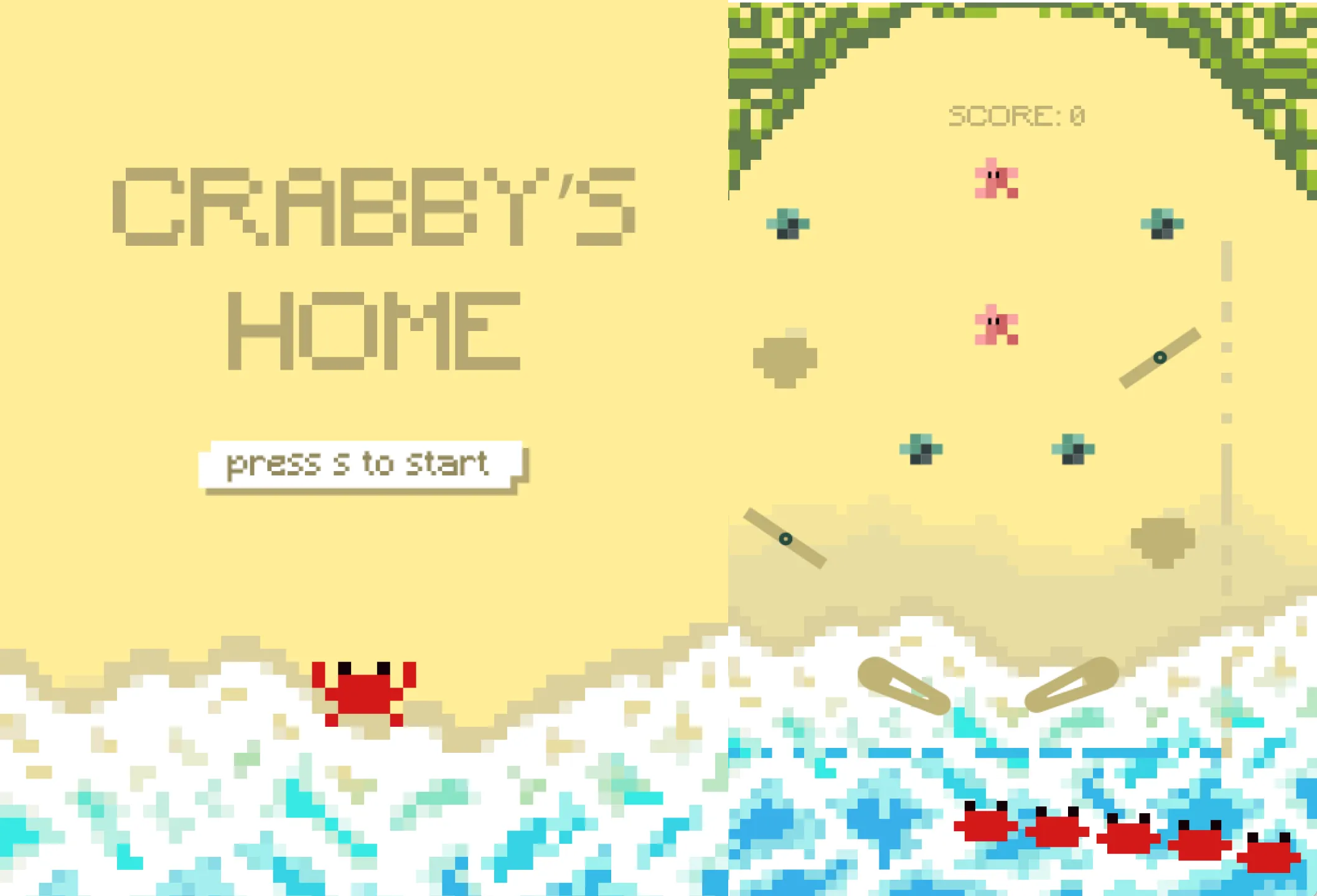 Crabby’s Home: a pixel-art pinball game on a beach, next to its title screen